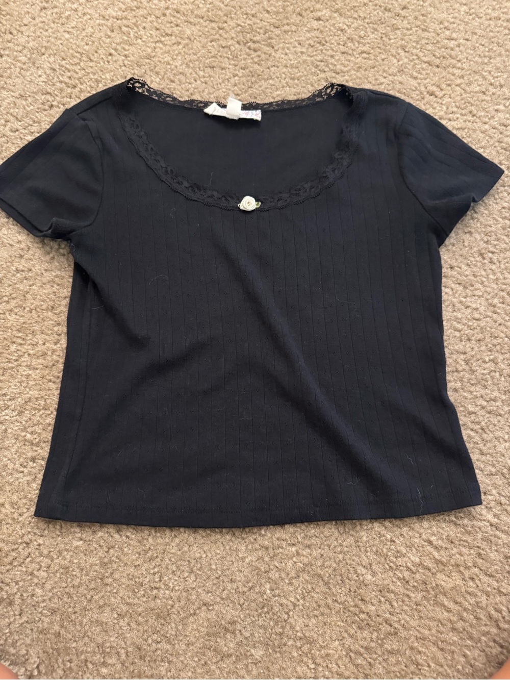 Pink Republic Black Short Sleeve Lace-Trim Scoop Neck Tee